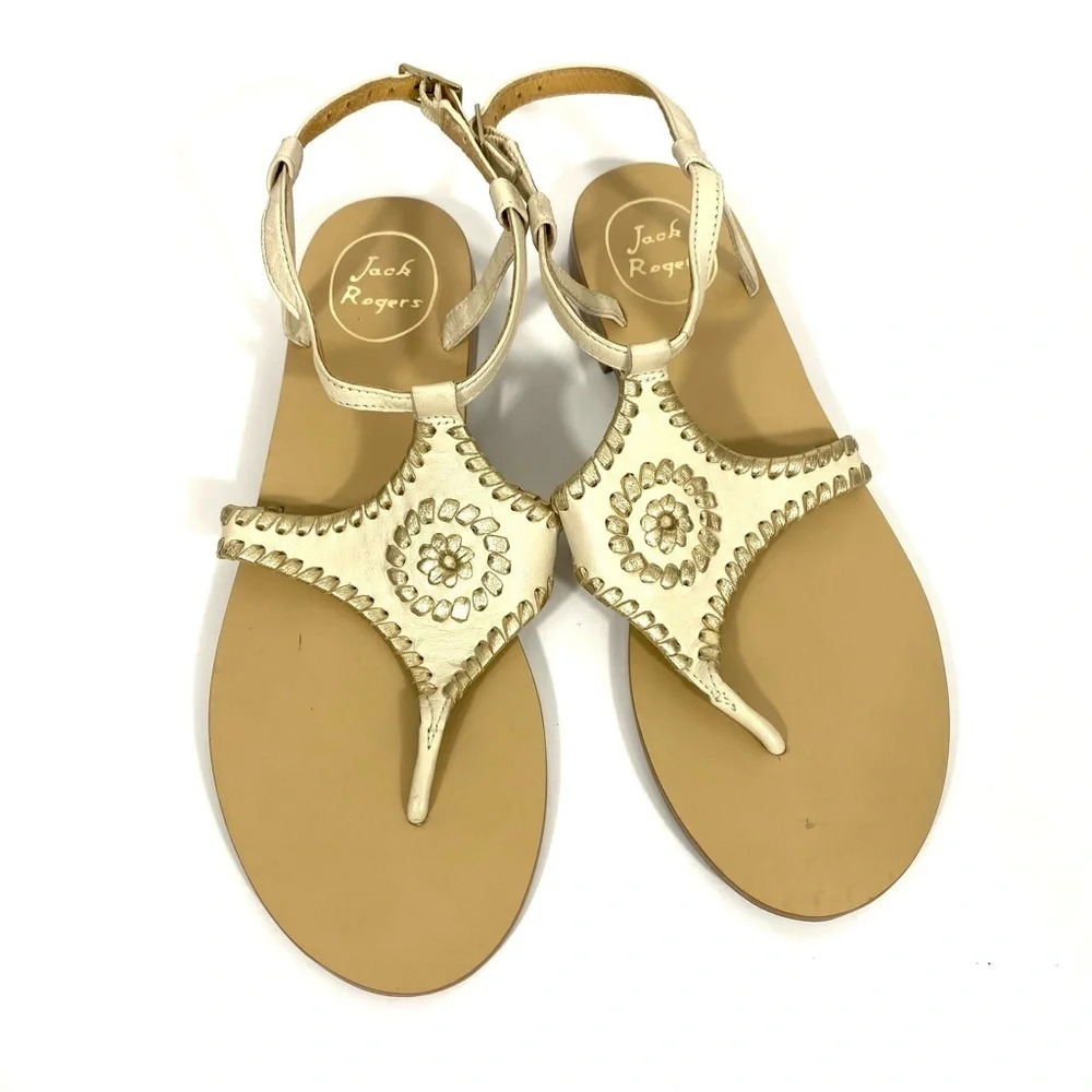 Jack Rogers Floral Flat Sandals Women Size 7.5 Ivory Cream Leather Thong Sandals